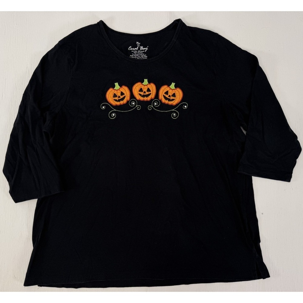 CORAL BAY HALLOWEEN BLACK Pumpkin Jacko Lanterns TOP SIZE 1X Plus 3/4 Sleeves
